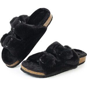 Women's Cozy Lining Faux Rabbit Fur Cork Open Toe Blcak Slipper Sandals Shoes